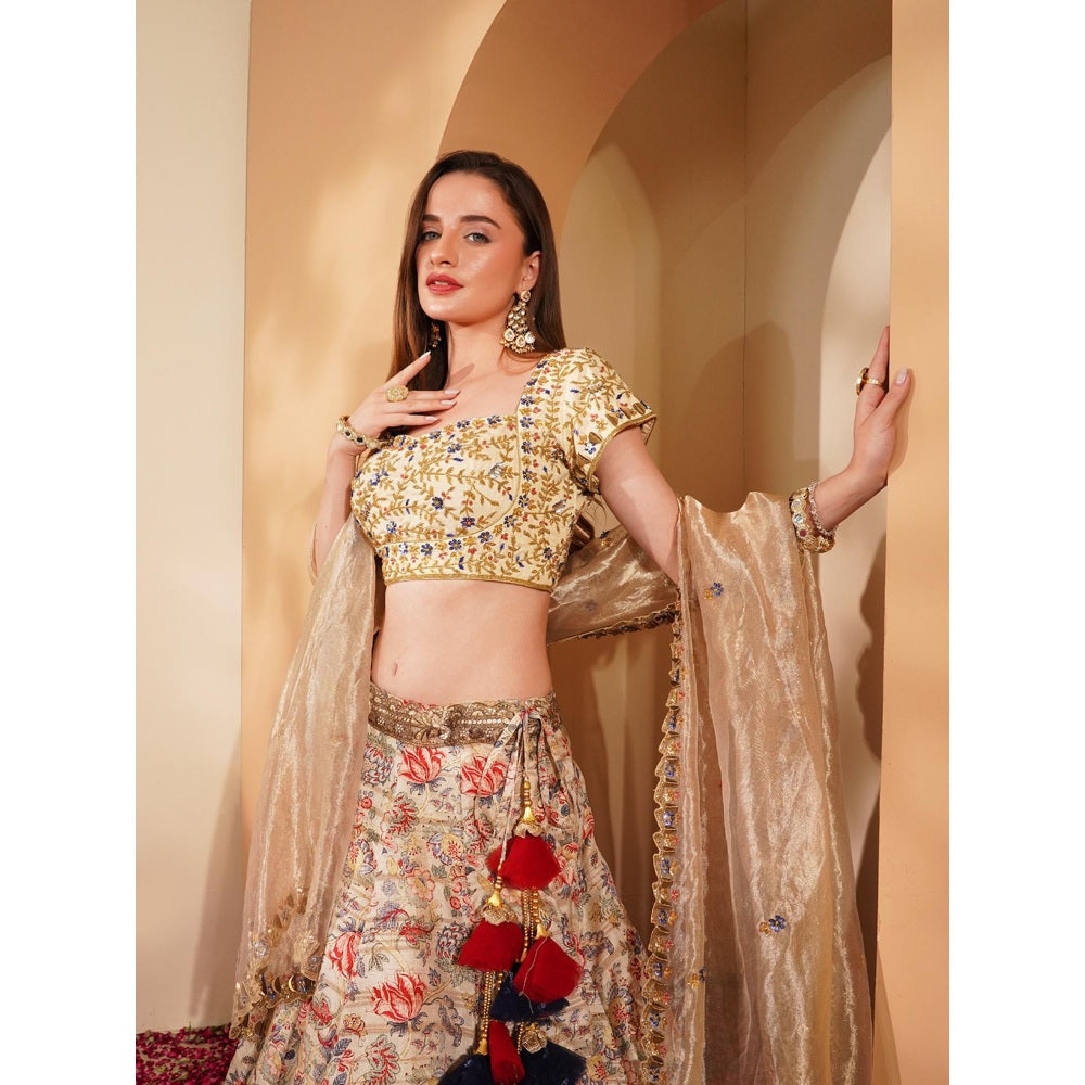 MILU MADAN Light Beige Gisha Silk Printed Lehenga with Blouse and Dupatta (Set of 3)