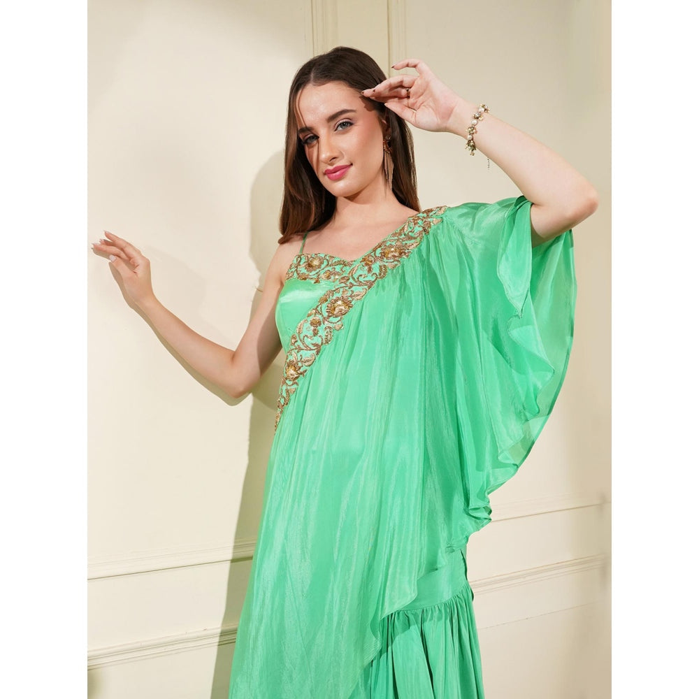 MILU MADAN Sea Green Crepe Layered Flair Fish Skirt with Cape and Blouse (Set of 3)