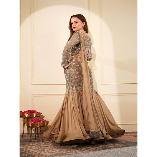 MILU MADAN Beige Satin Organza Pre-Drape Saree with Stitched Blouse