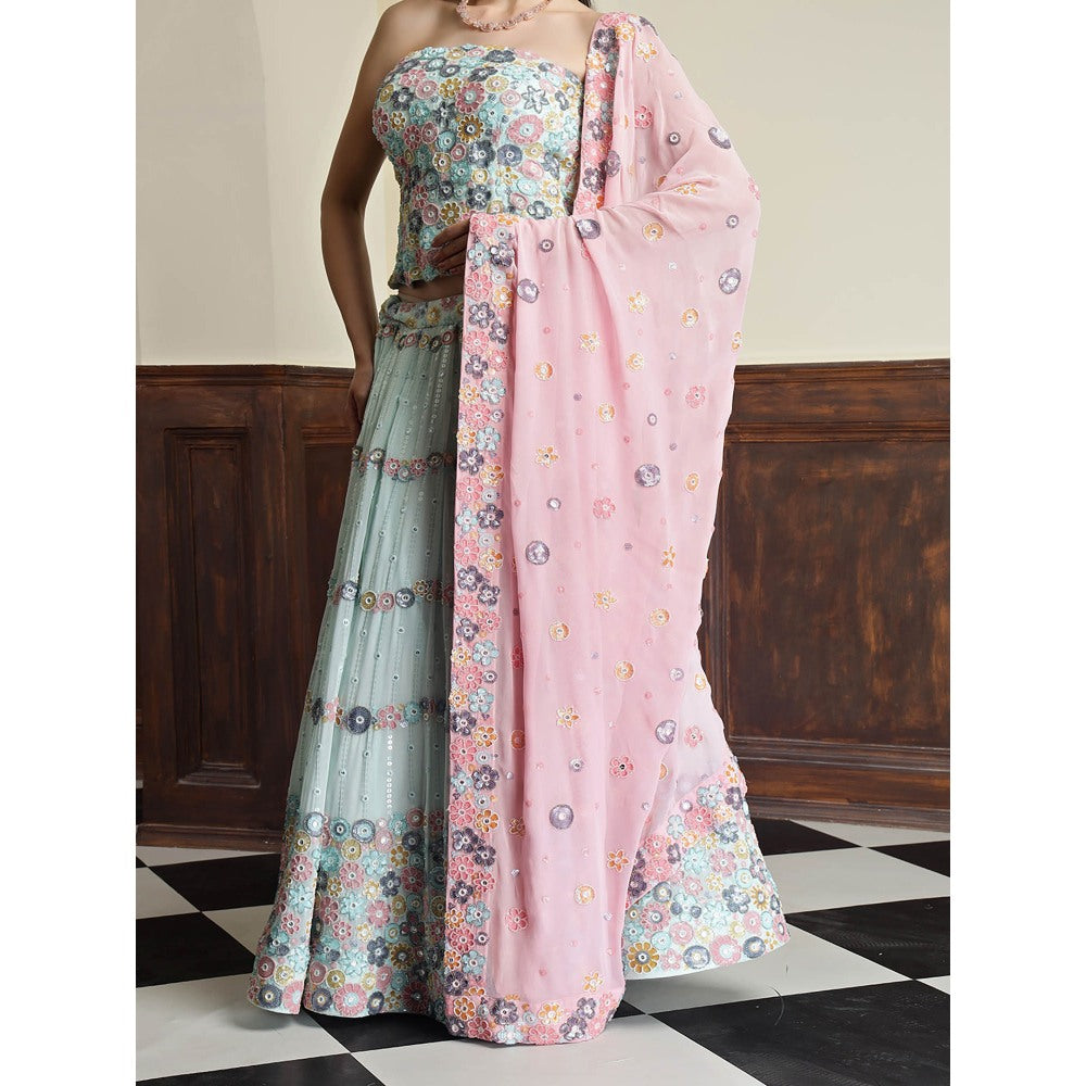 MILU MADAN Light Sea Blue Sequins Beadwork Blouse with Lehenga and Dupatta