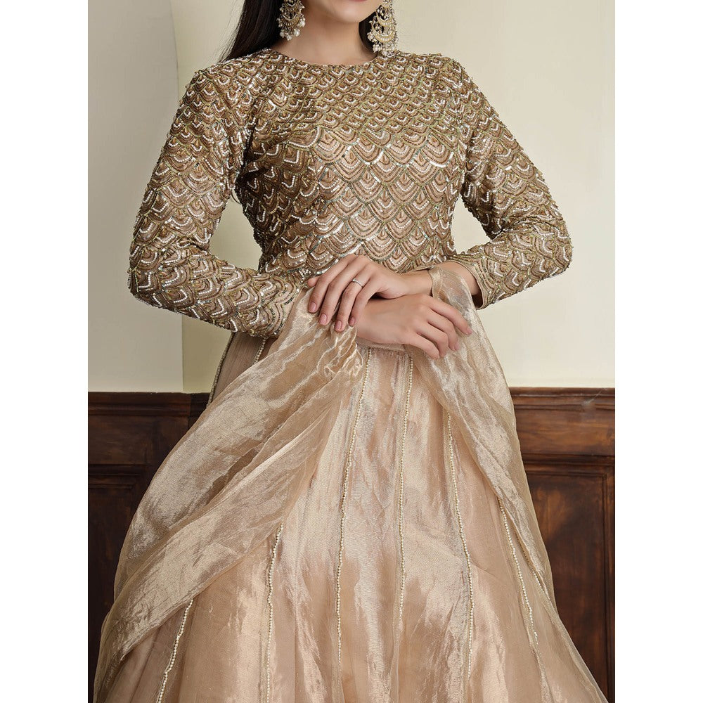 MILU MADAN Champagne Tissue Antique Work Gold Blouse with Lehenga and Dupatta