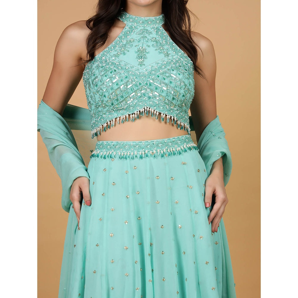 MILU MADAN Sea Blue Sequins Pearl Blouse with Lehenga and Dupatta