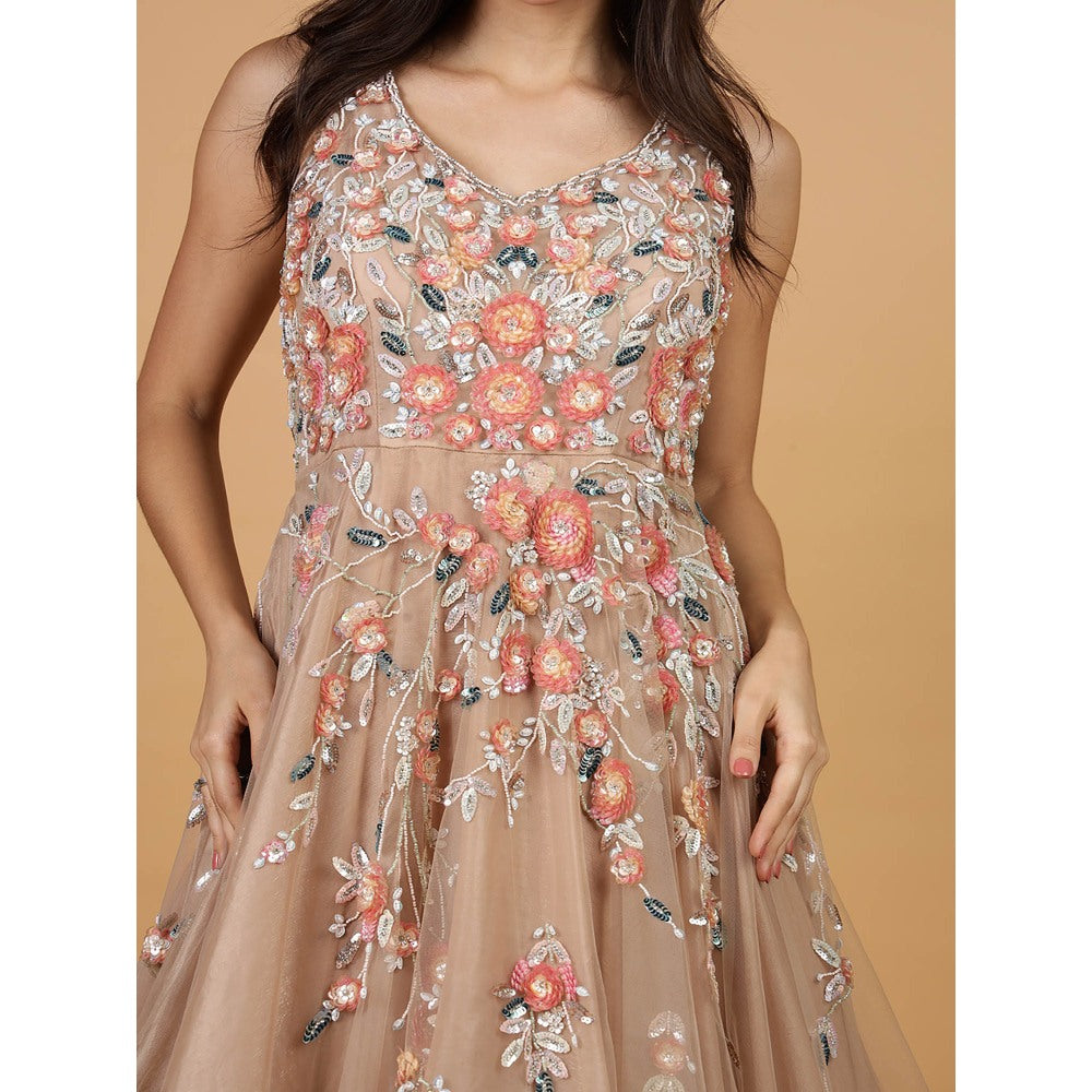 MILU MADAN Brown Net Opaque Sequins Work Gown