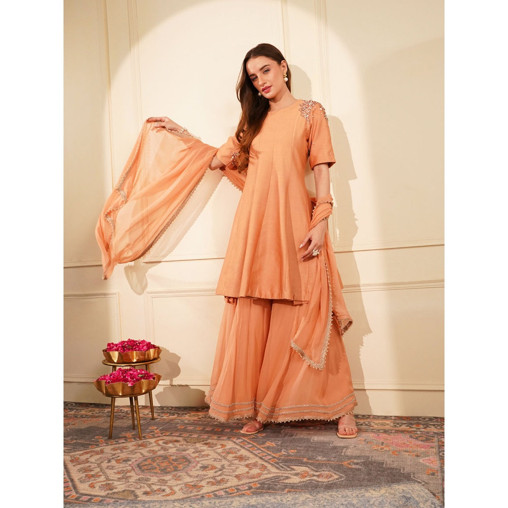 MILU MADAN Dark Peach Katan Silk & Georgette Peplum Kurti with Sharara and Dupatta