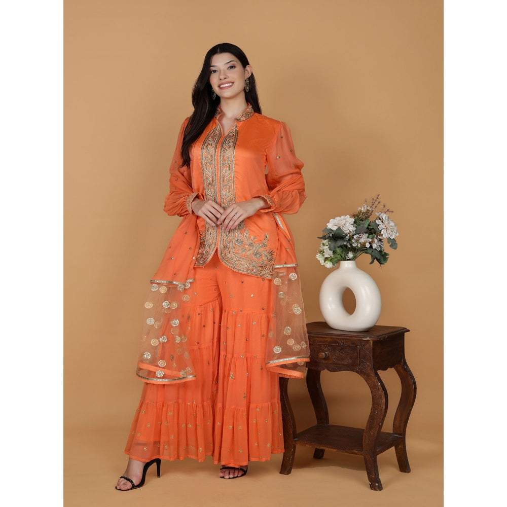 MILU MADAN Orange Chanderi Georgette Dabka Zari Kurti with Sharara and Dupatta