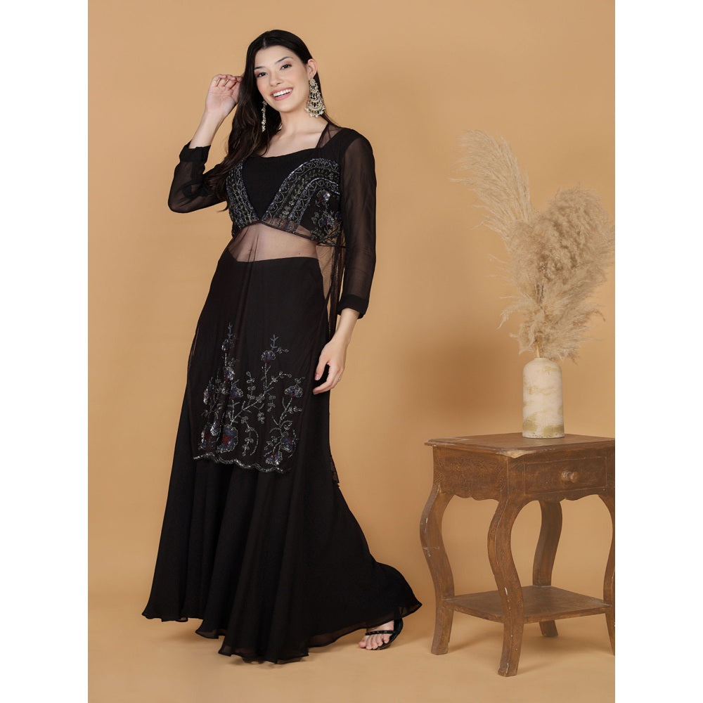 MILU MADAN Dark Brown Georgette Sequins Beads Kurta with Blouse and Sharara