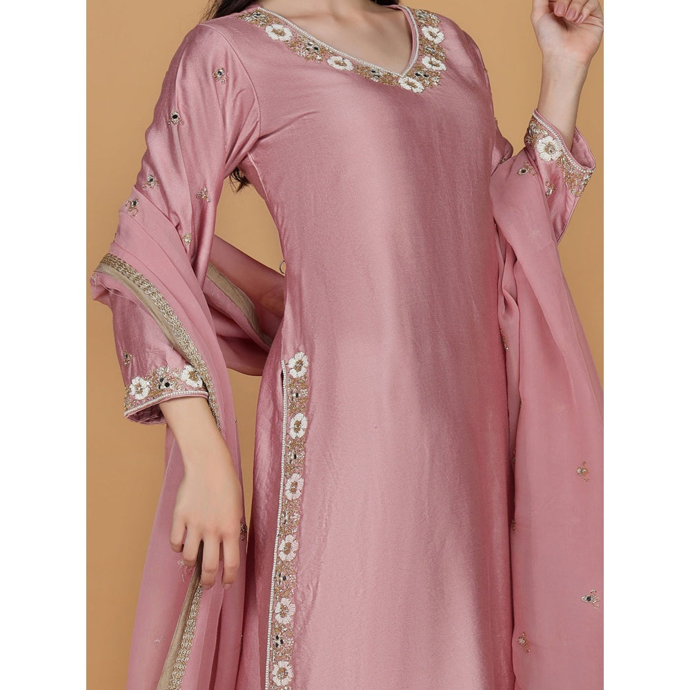 MILU MADAN Onion Pink Self Katan Mirror Embroidery Kurta with Palazzo & Dupatta
