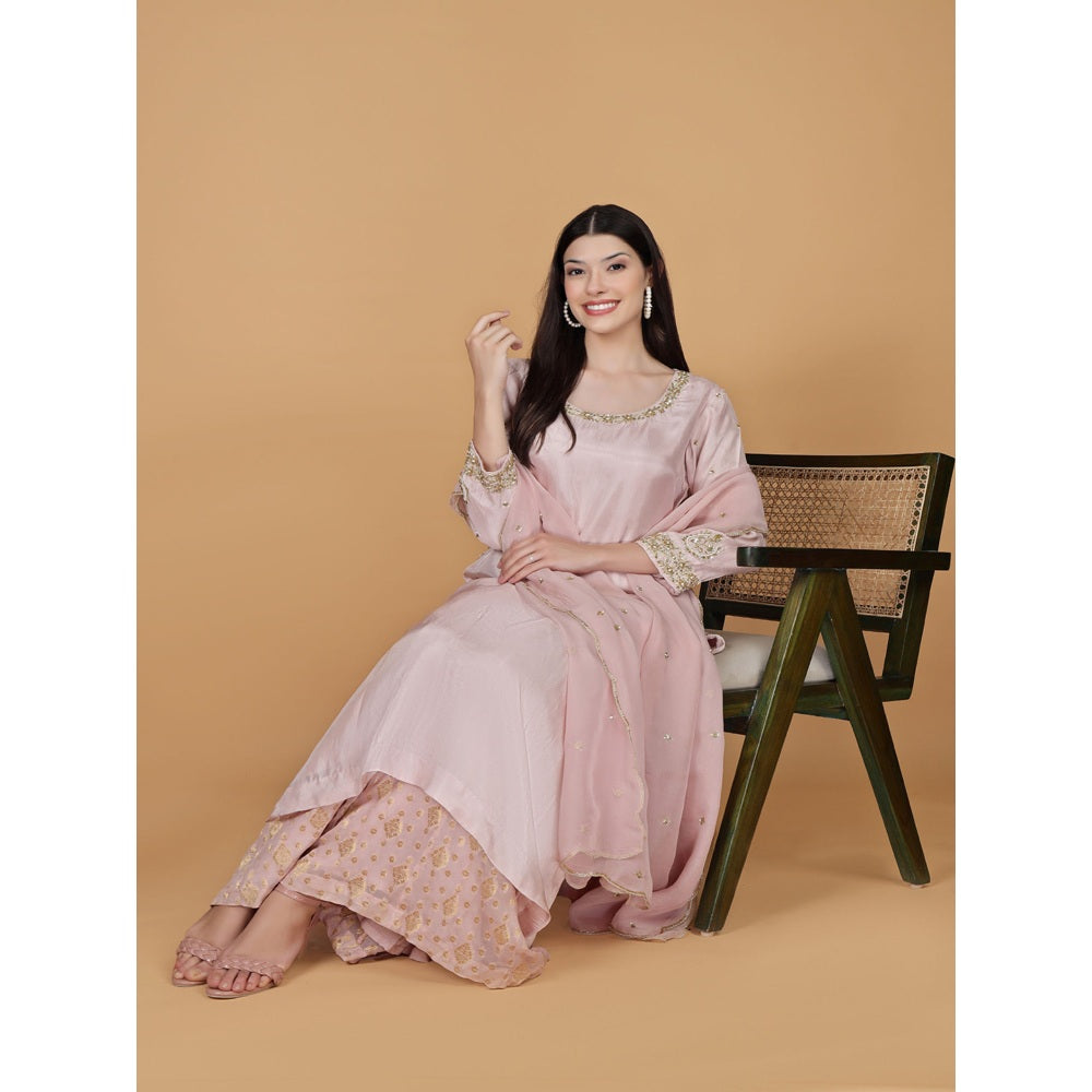 MILU MADAN Light Pink Viscose Silk Pearl Sequins Kurta with Palazzo & Dupatta