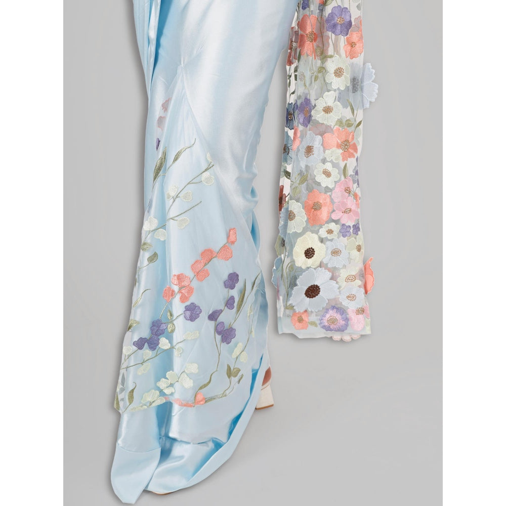 MILU MADAN Sky Blue Satin Fish Cut Drape Saree with Unstitched Blouse