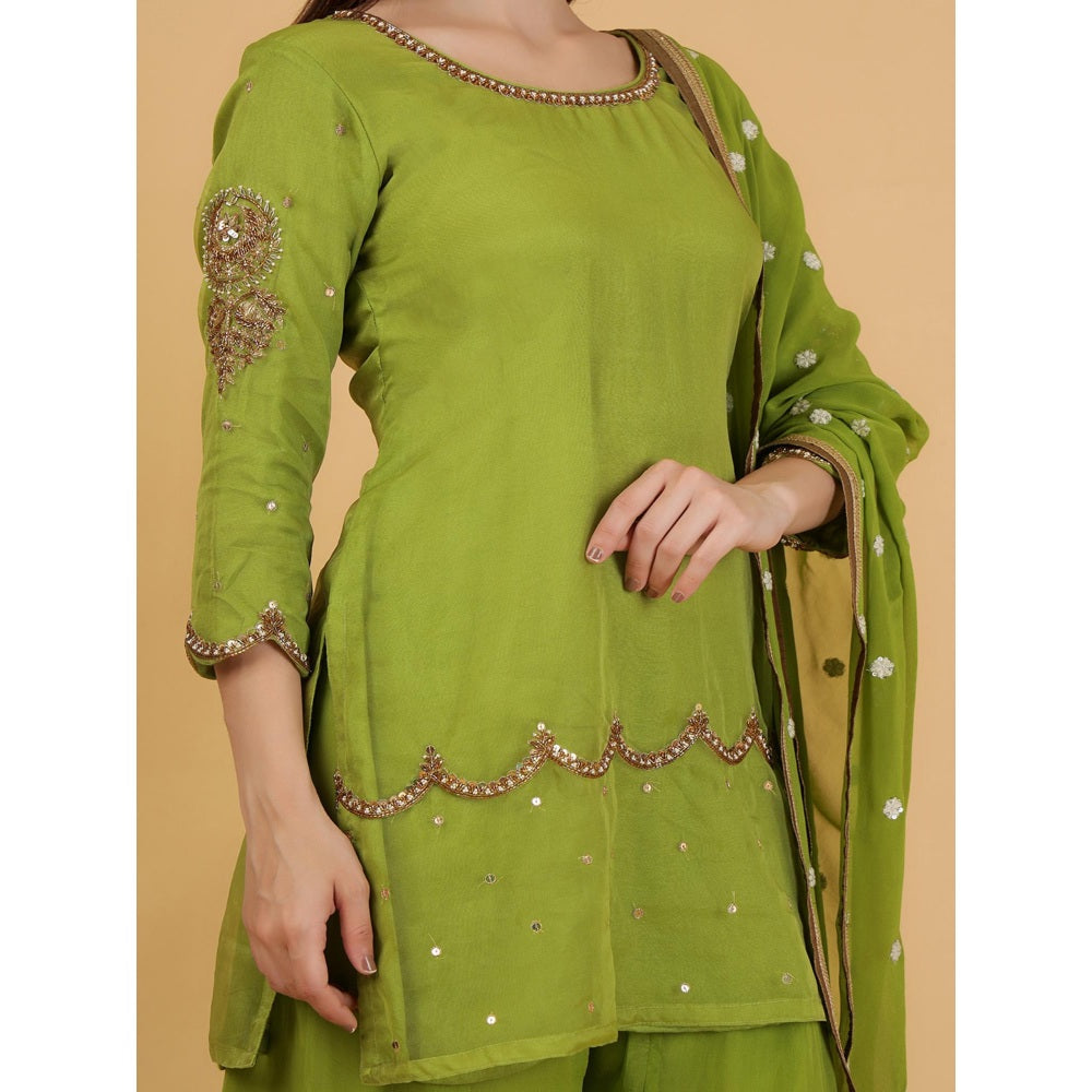 MILU MADAN Leaf Green Beadwork Kurti with Palazzo and Dupatta