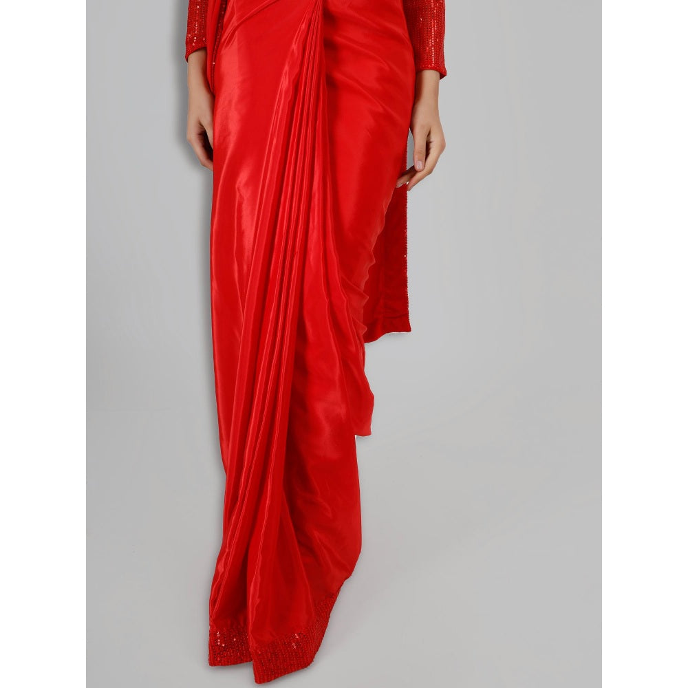 MILU MADAN Red Crepe Pre Stitched Blouse Saree with Stitched Blouse