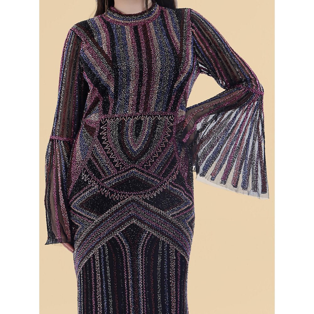 MILU MADAN Black Net Backtrail Gown With Heavy Beadwork