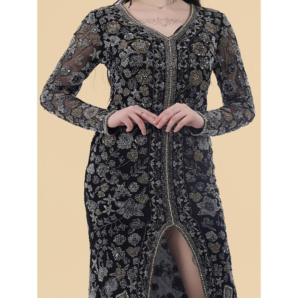 MILU MADAN Black Net Front Slit Floral Gown