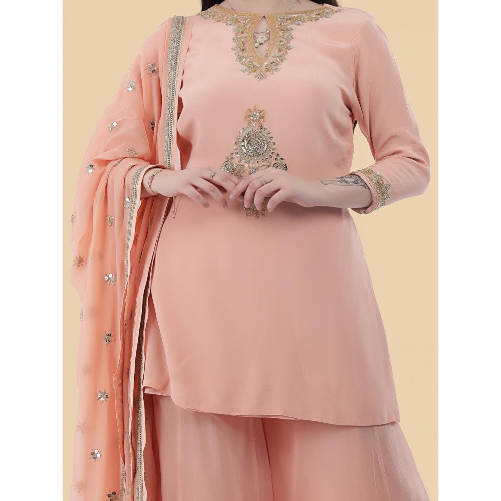 MILU MADAN Peach Crepe Kurti with Sharara and Dupatta
