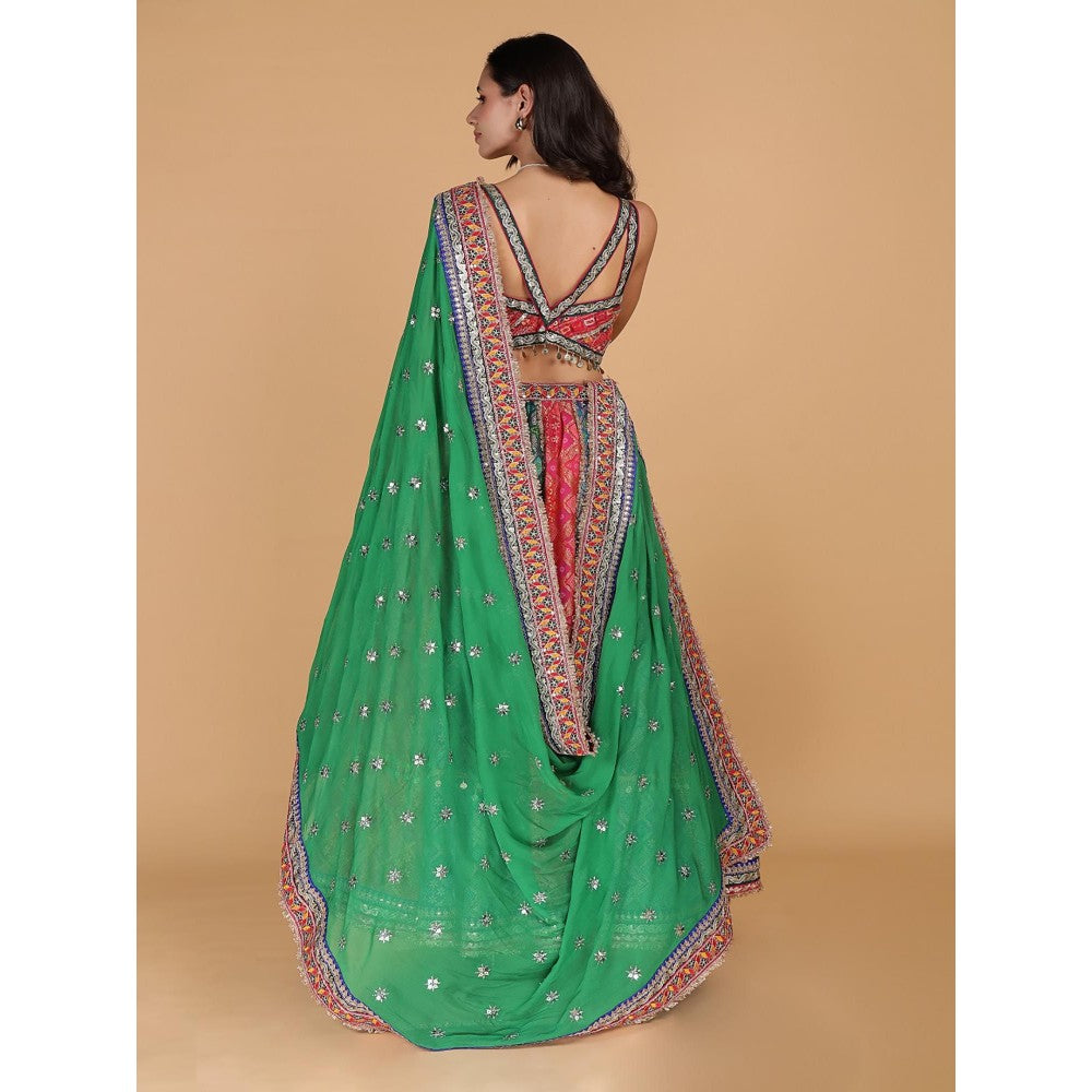 MILU MADAN Multi-Colour Georgette Brocade Lehenga with Blouse and Dupatta