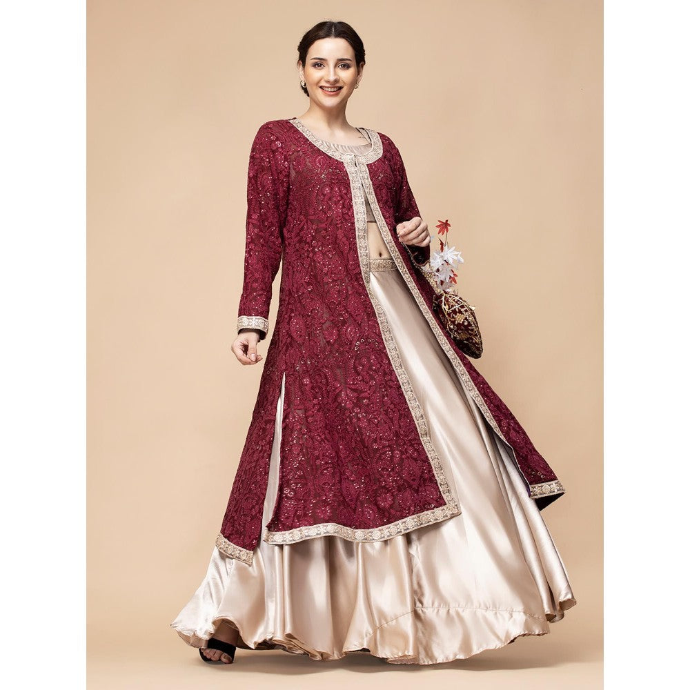 MILU MADAN Maroon Embroidered Jacket with Blouse and Lehenga