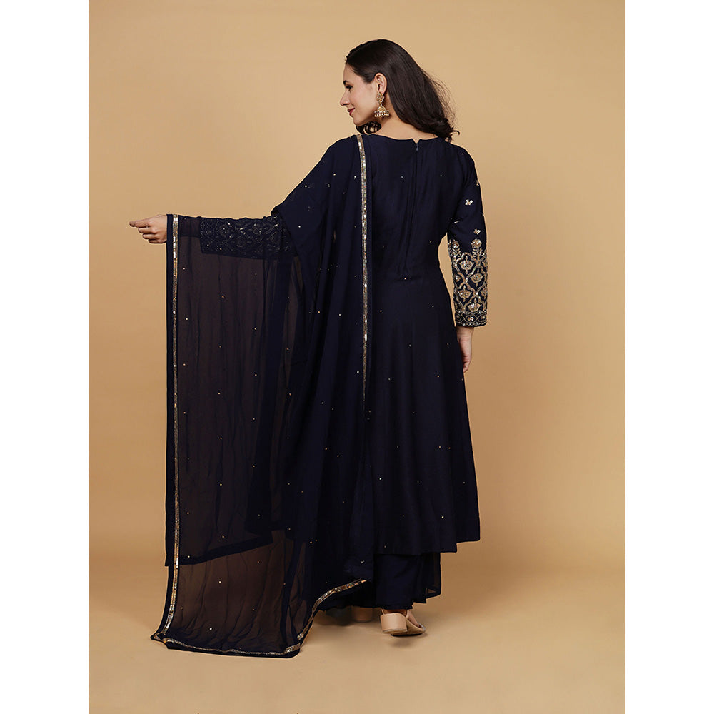 MILU MADAN Womens Organza Sequined Navy Blue Anarkali Kurta with Palazzo and Dupatta