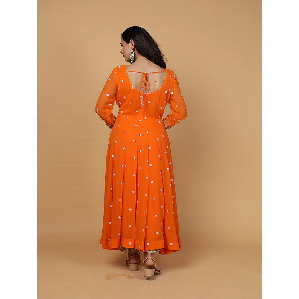 MILU MADAN Womens Organza Embroidered Orange Anarkali Kurta with Pant and Dupatta