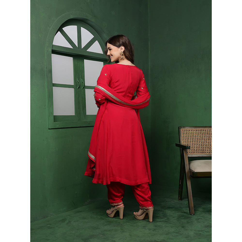 MILU MADAN Womens Organza Embroidered Red Kurta with Pant and Dupatta