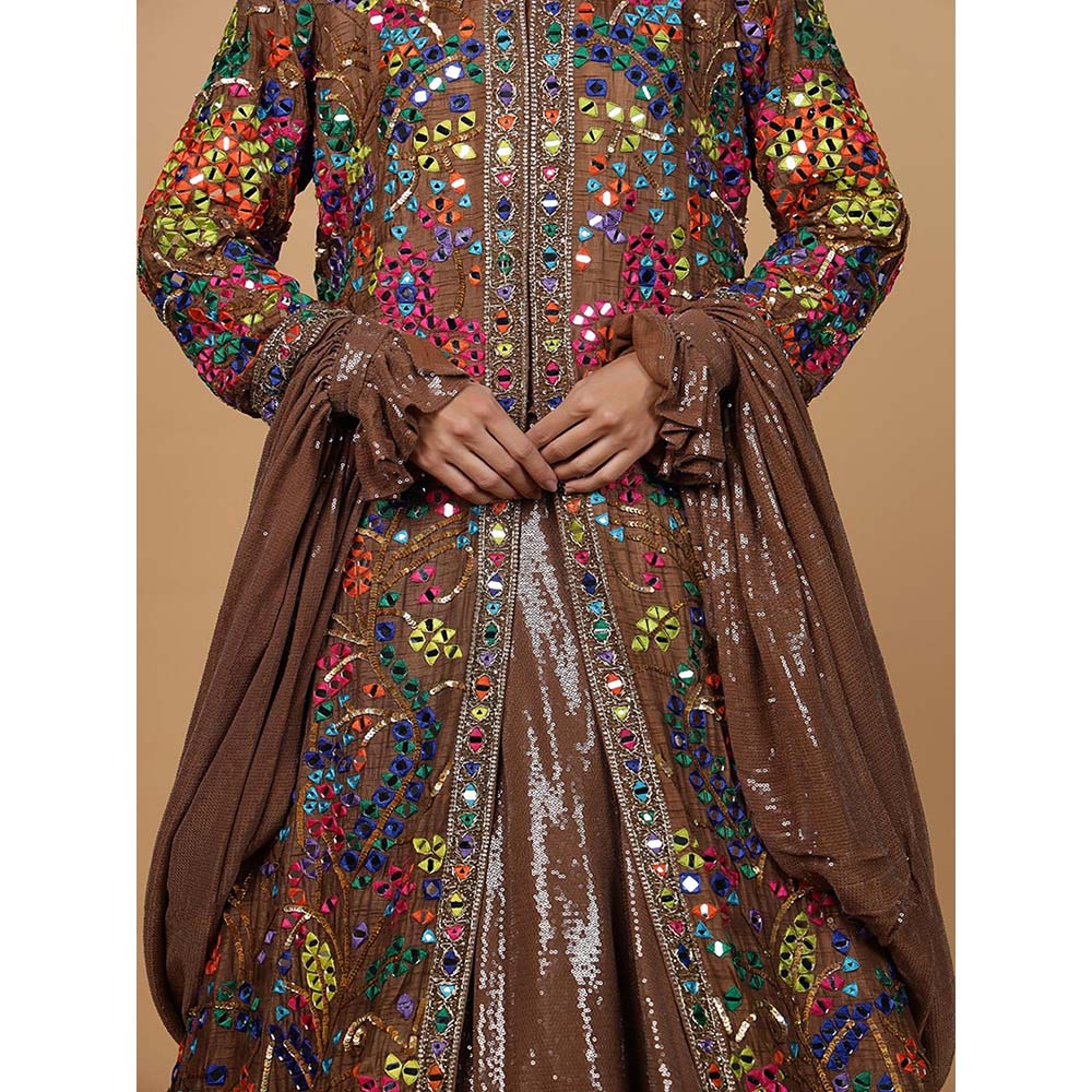 MILU MADAN Mocha Brown Viscose Silk Mirrorwork Jacket with Lehenga & Dupatta