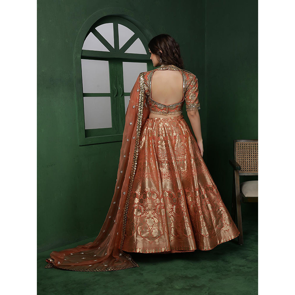MILU MADAN Orange Banarsi Silk Brocade Lehenga with Blouse & Dupatta
