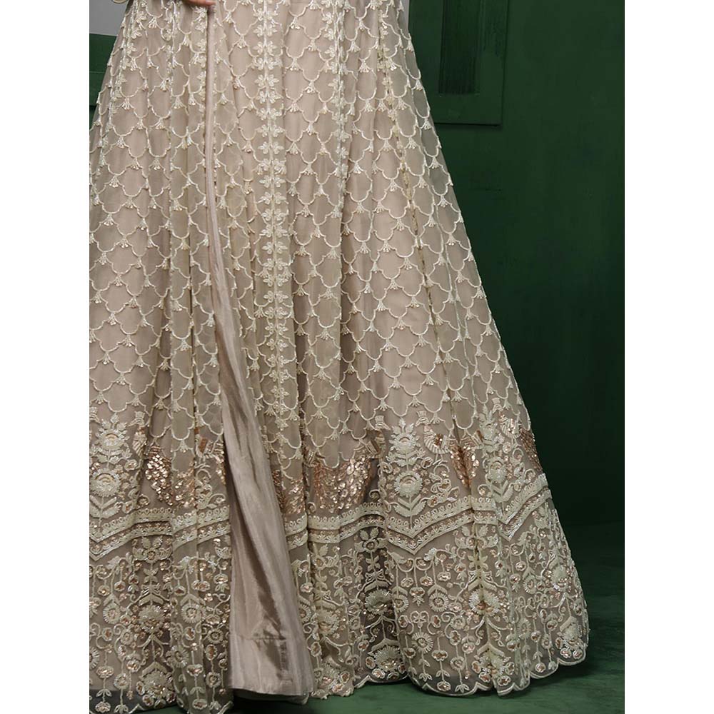 MILU MADAN Light Fawn Net Heavy Embroidered Jacket with Lehenga & Dupatta