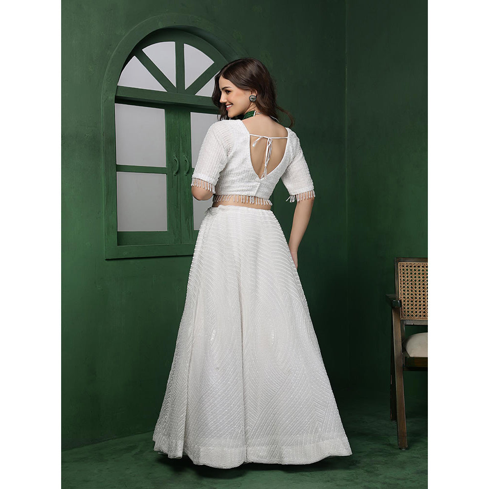MILU MADAN White Double Net Beadwork Lehenga with Blouse & Dupatta