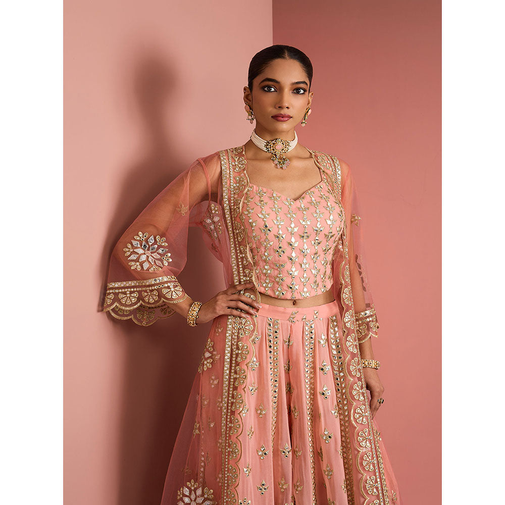 MILU MADAN Womens Georgette Silk Mirror Work Embroidered Taupe Blouse with Sharara and Cape