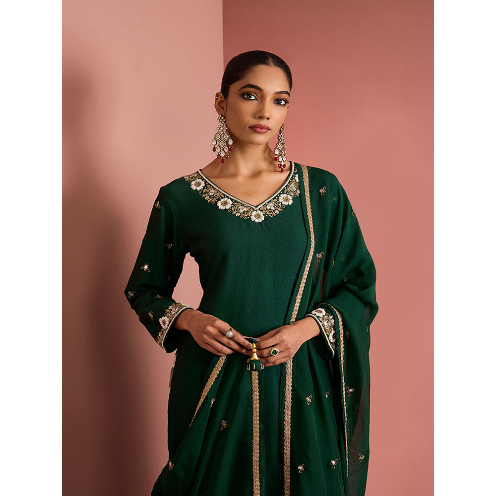 MILU MADAN Womens Cotton Silk Beads Embroidered Green Kurta with Palazzo and Dupatta