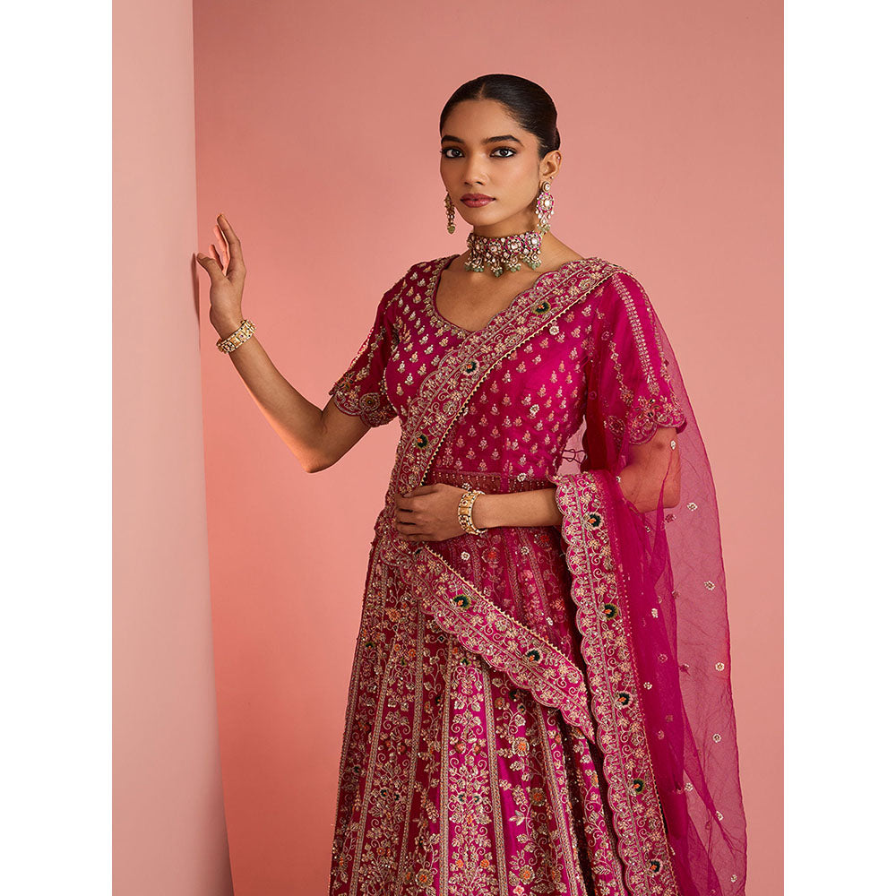 MILU MADAN Womens Raw Silk Sequined Embroidered Pink Lehenga with Stitched Blouse and Dupatta