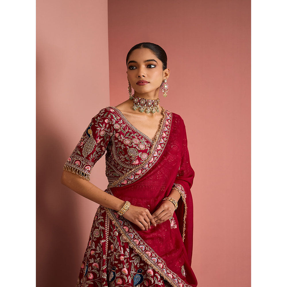 MILU MADAN Womens Raw Silk Beads Embroidered Red Lehenga with Stitched Blouse and Dupatta
