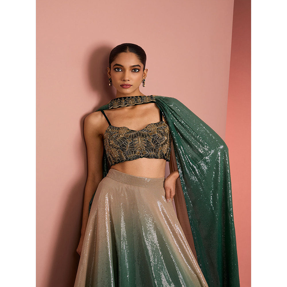 MILU MADAN Womens Georgette Silk Sequined Ombre Green Lehenga with Stitched Blouse and Dupatta