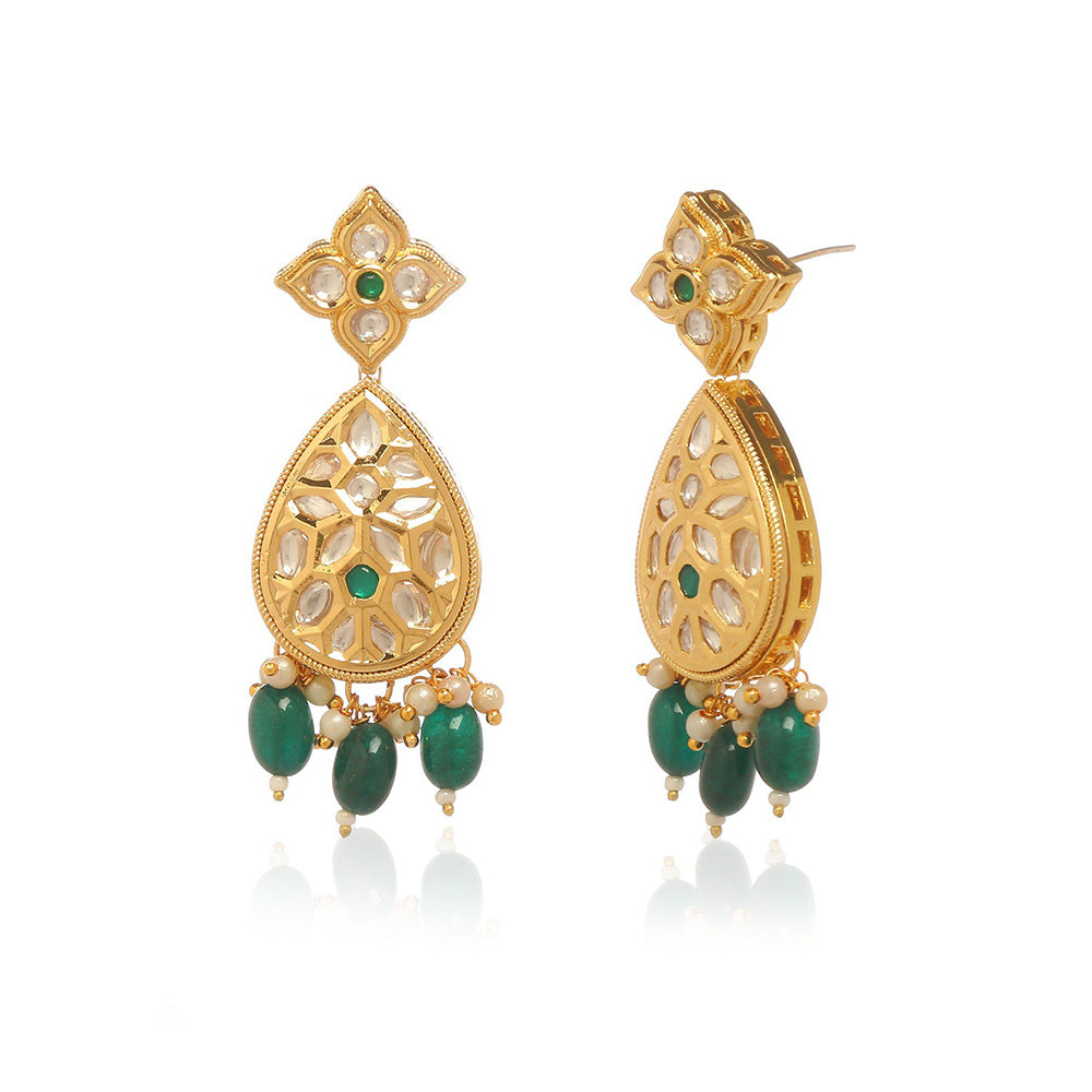 MINAKI 22K Gold Plated Earrings In Kundan-Polki Setting-Green