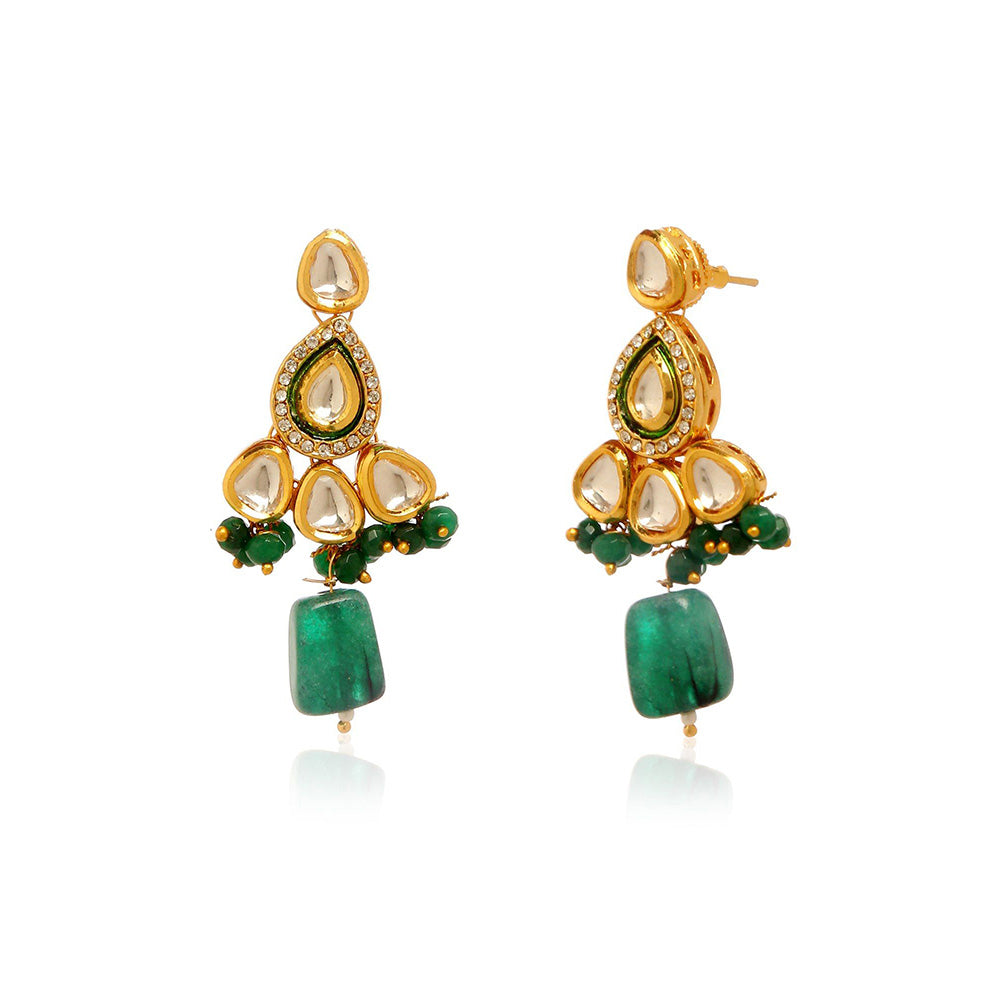 MINAKI 22K Gold Plated Earrings In Kundan-Polki Setting-Green