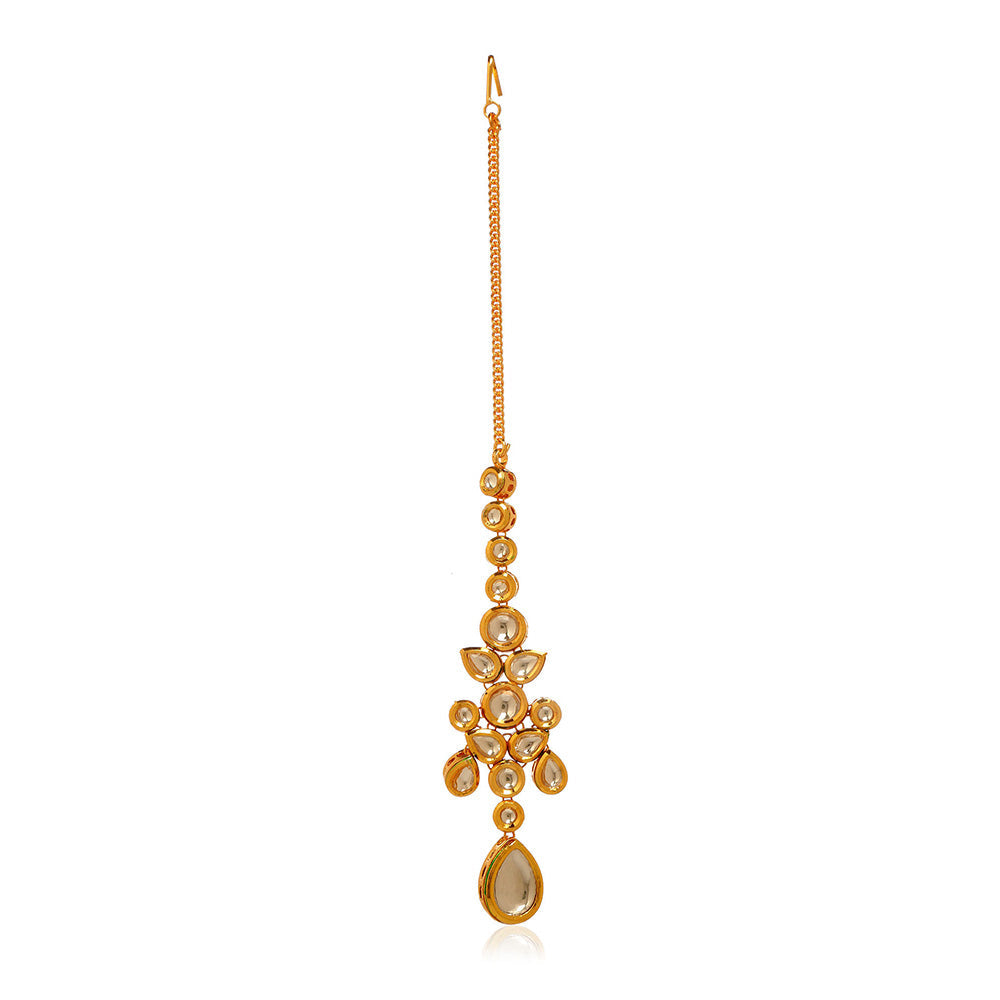 MINAKI 22K Gold Plated Necklace Set Kundan Embellished with Drops Matching Earrings and Maang Tikka