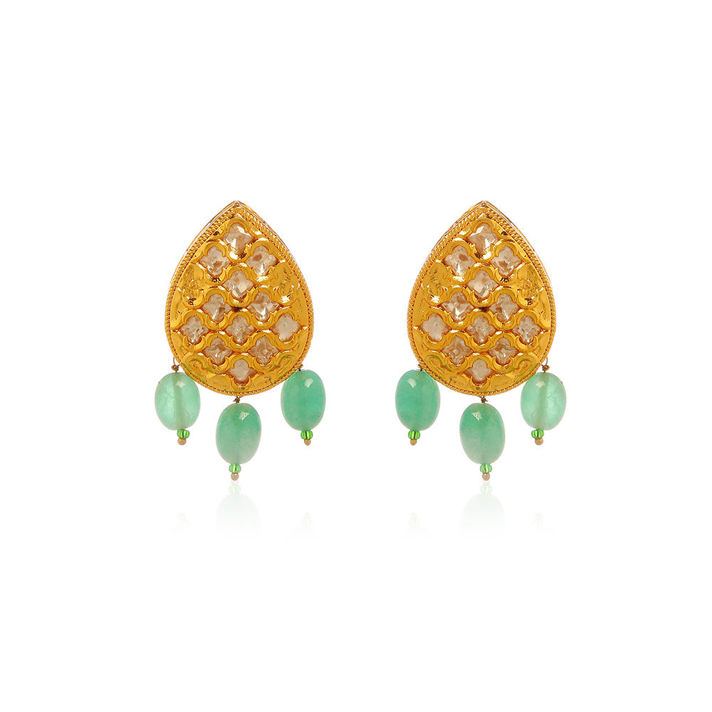 MINAKI 22K Gold Plated Necklace Set Kundan Embellished Green Color Beads with Matching Earrings