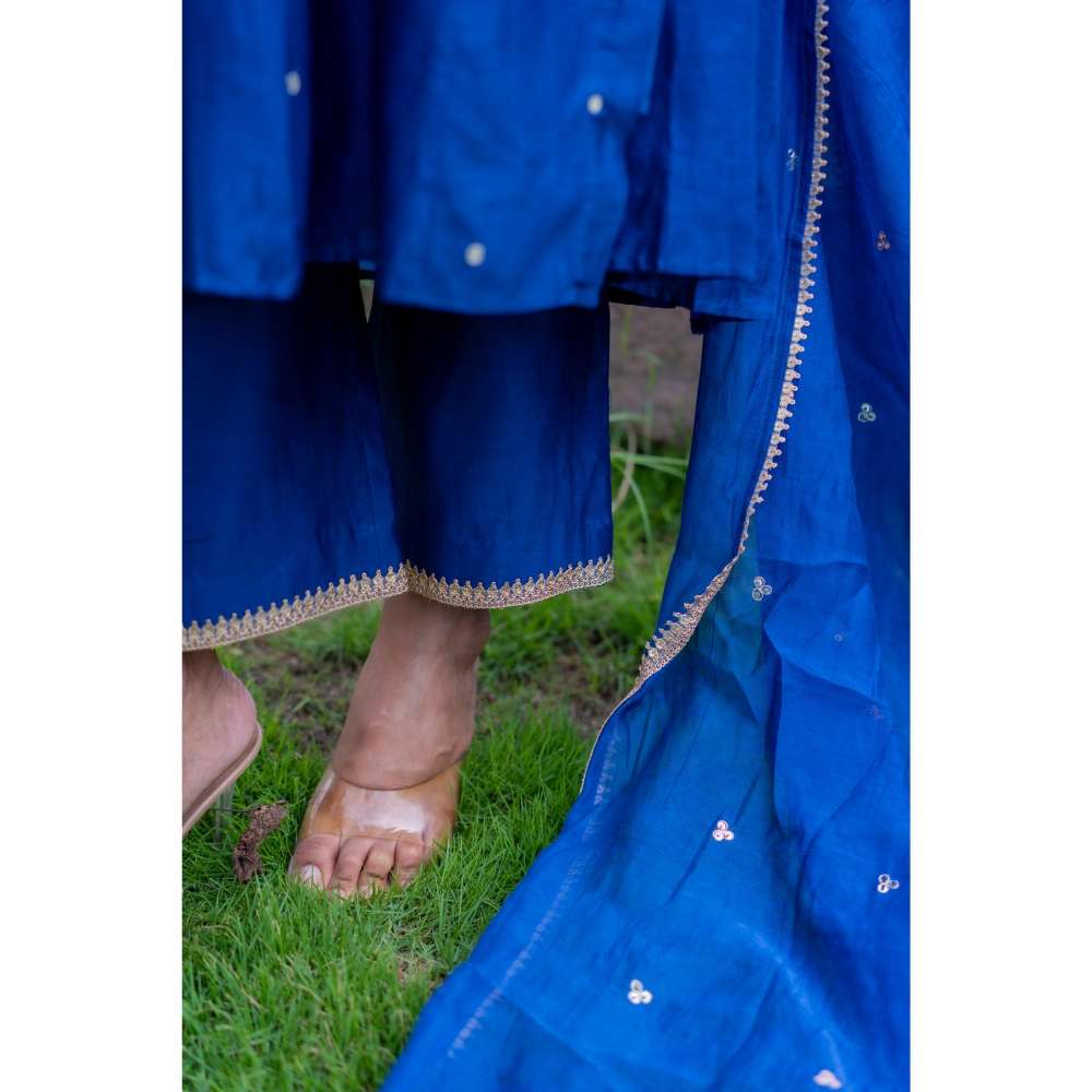MINSH Royal Blue Angrakha Kurta With Pant And Dupatta (Set of 3)