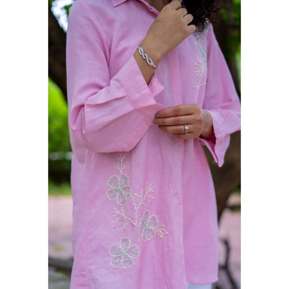 MINSH Pink Bliss Shirt Style Kurti With Pant (Set of 2)
