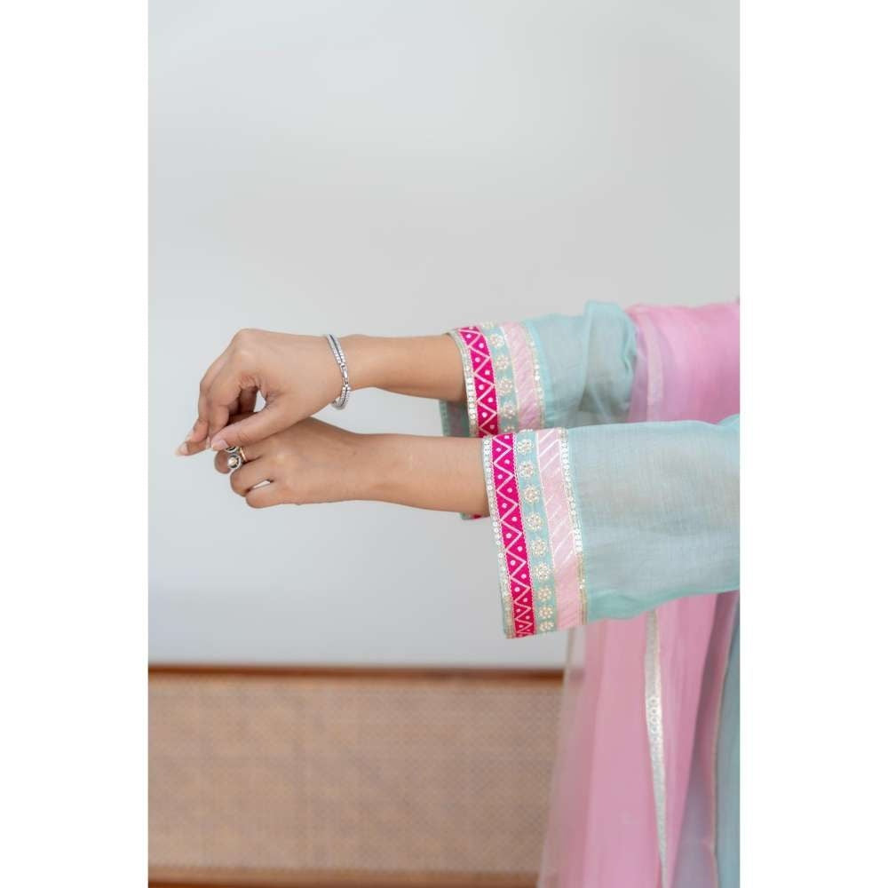 MINSH Aqua Florals Kurti with Palazzo and Dupatta