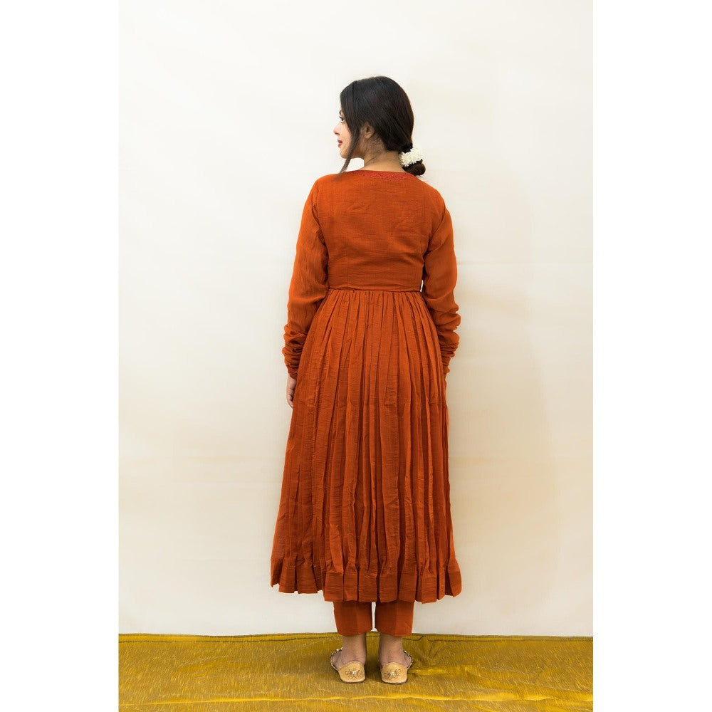 MITHI SUPARI Rust Gulmohar Angarkha Kurta with Pant and Dupatta (Set of 3)