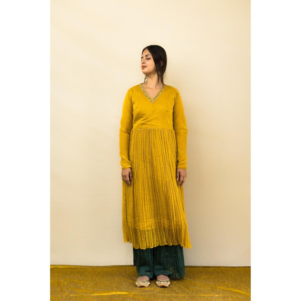 MITHI SUPARI Mustard Mogra Anarkali Kurta with Green Sharara and Dupatta (Set of 3)