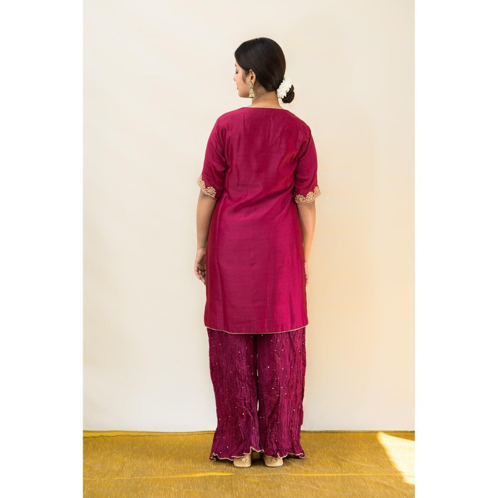 MITHI SUPARI Wine Jasvanti Embroidered Kurta with Palazzo and Dupatta (Set of 3)