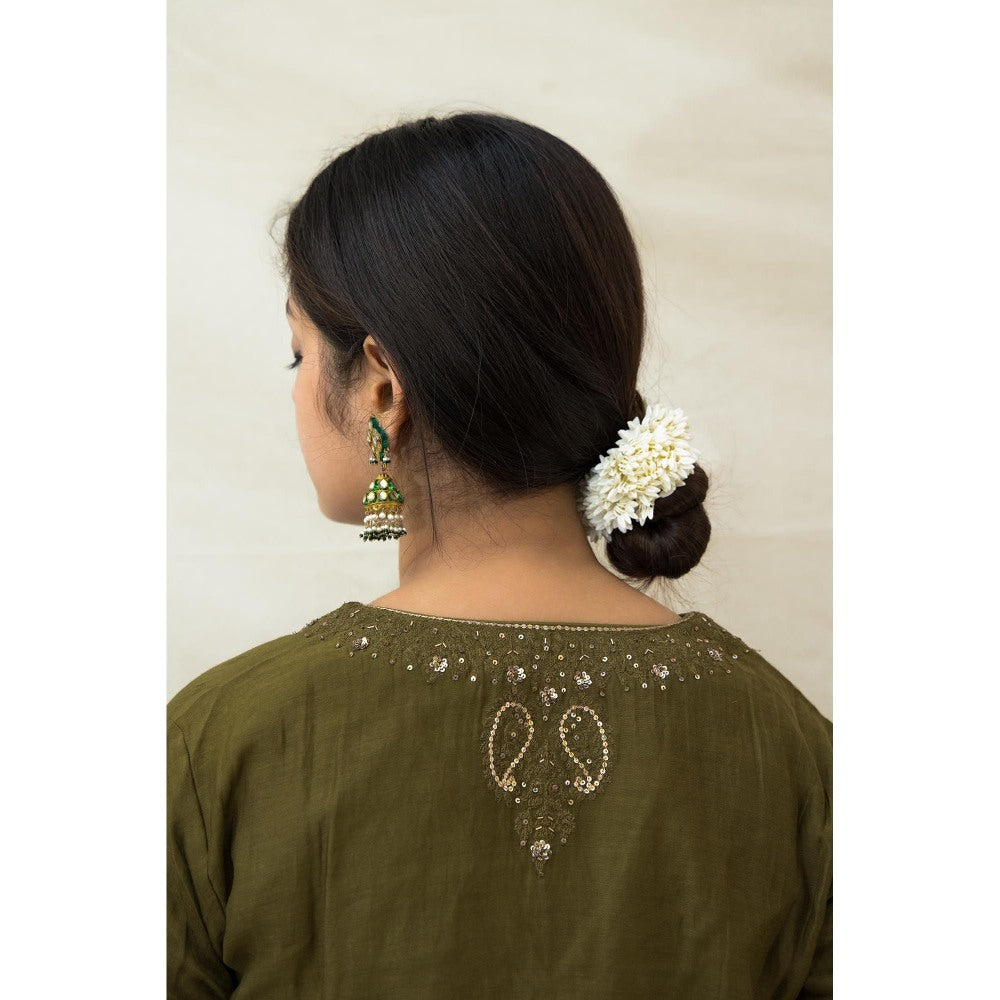 MITHI SUPARI Olive Savani Embroidered and Sequined Kurta with Palazzo and Dupatta (Set of 3)