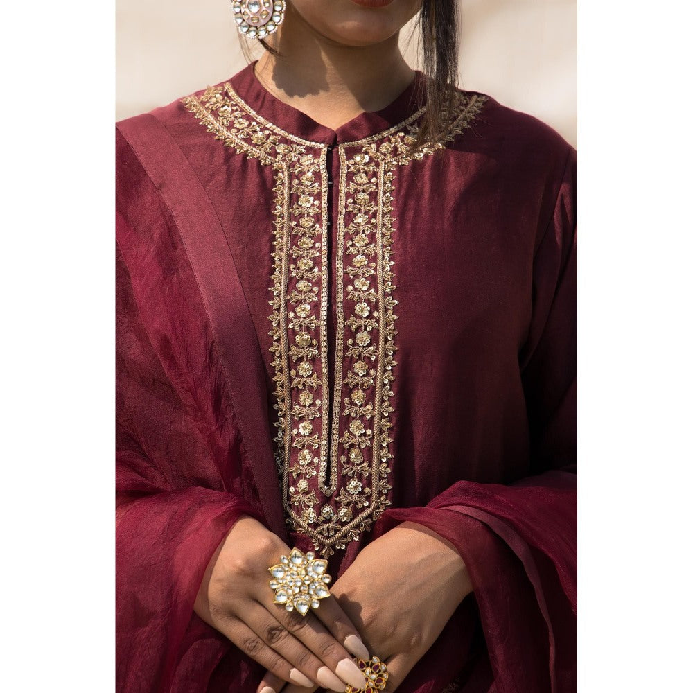 MITHI SUPARI Wine Kamini Embroidered Kurta with Pant and Dupatta (Set of 3)