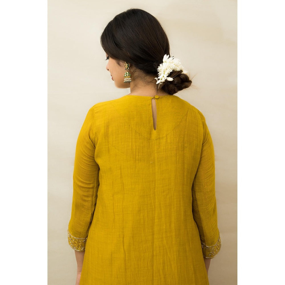 MITHI SUPARI Mustard India Embroidered and Mirror Work Anarkali Kurta with Pant (Set of 2)