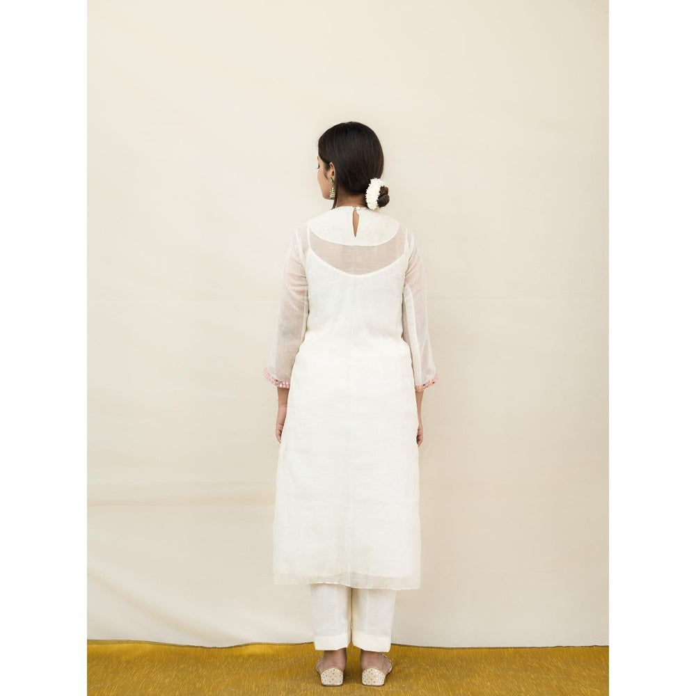 MITHI SUPARI Ivory and Pink Meer Mirror Work Anarkali Kurta with Pant (Set of 2)