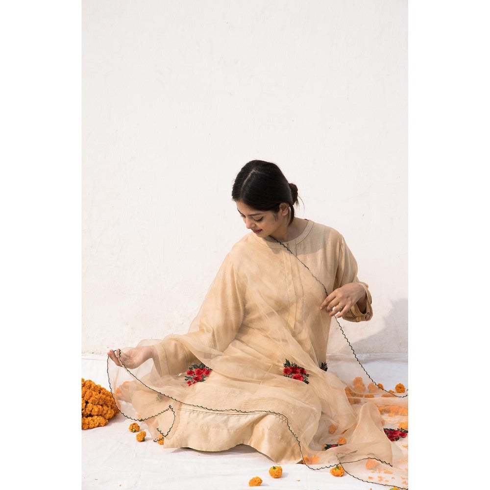 MITHI SUPARI Beige Maya Kurta with Pant and Embroidered Dupatta (Set of 3)