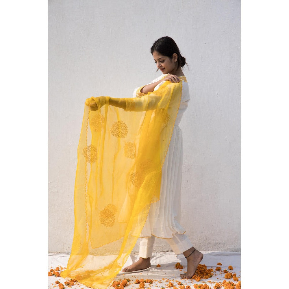 MITHI SUPARI Ivory Yellow Ruh Angarkha Kurta with Pant and Dupatta (Set of 3)