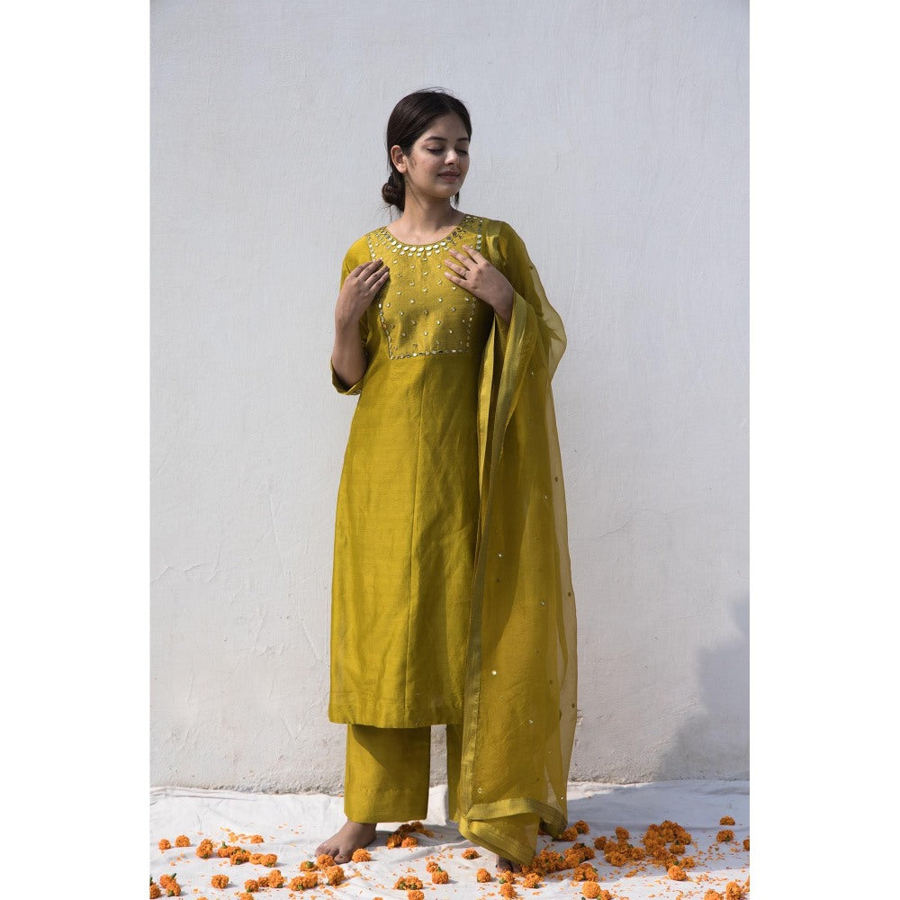 MITHI SUPARI Olive Nisa Mirror Work Kurta with Pant and Dupatta (Set of 3)