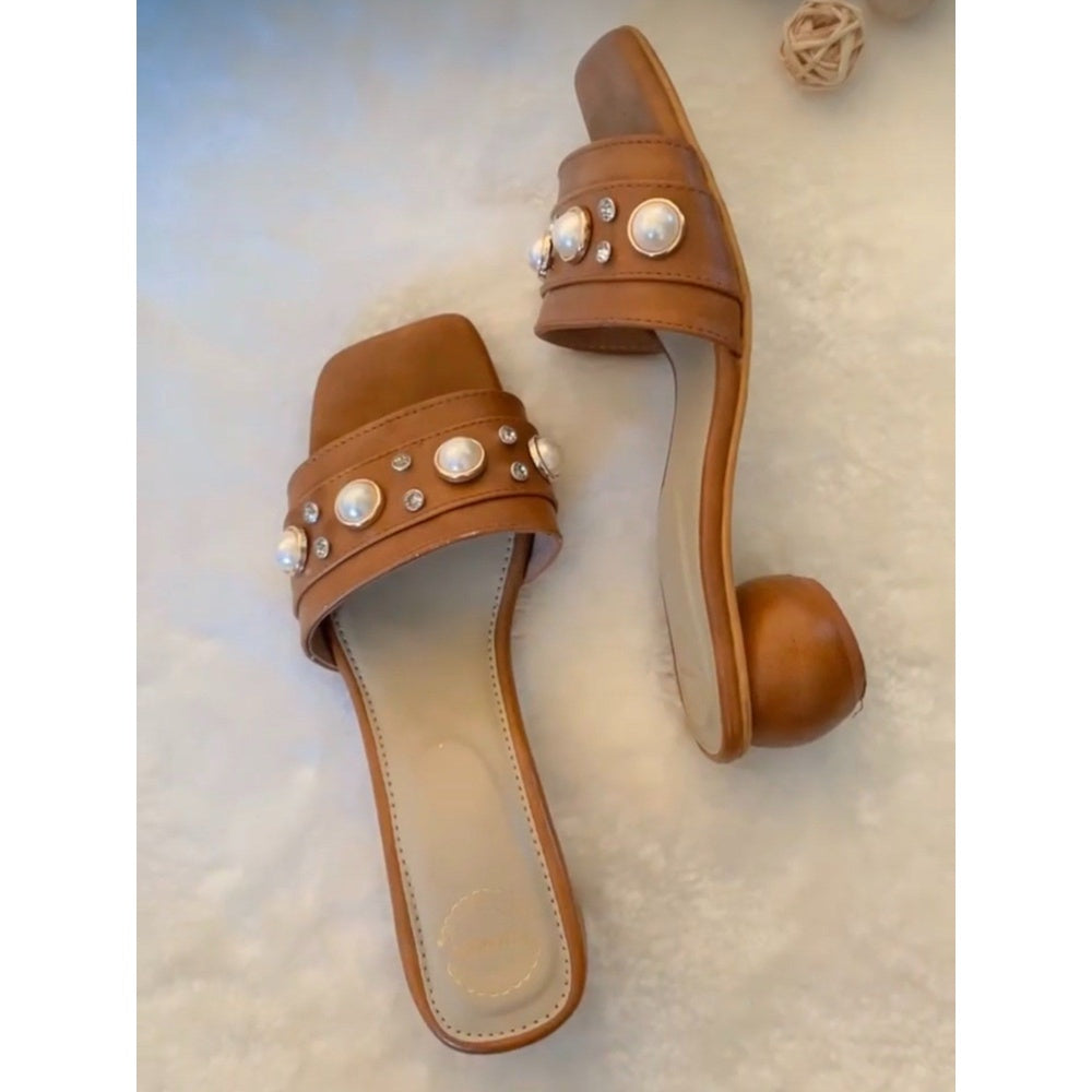 Modanta Tan Round Pearl Brown Heels